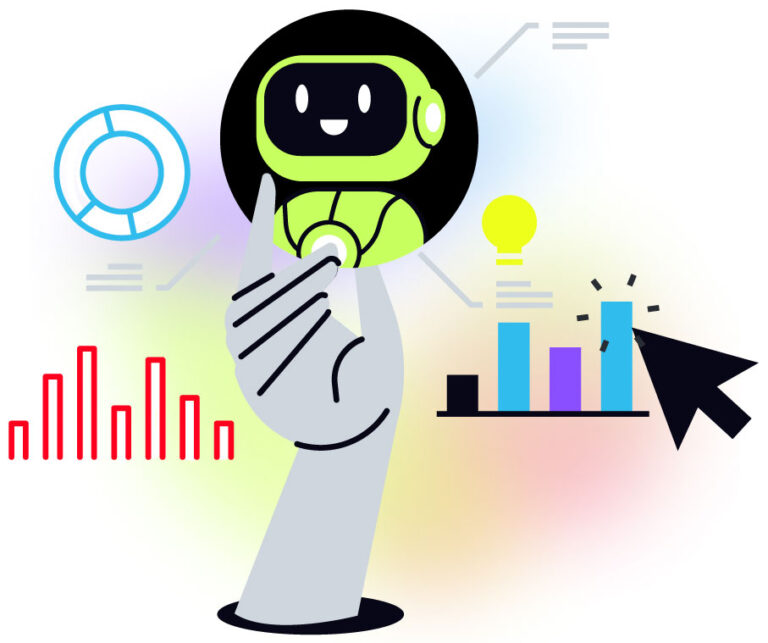 How is AI changing marketing operations? hero shows hand holding an AI bot with charts and graphs around it.