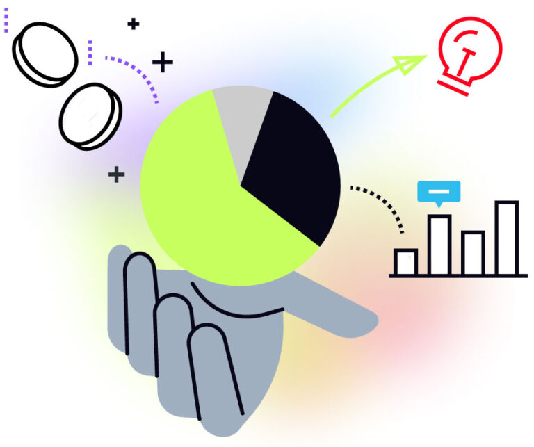 How can I measure the ROI of marketing operations? hero shows a hand holding. a pie chart, a bar chart to the right, and coins in the air.