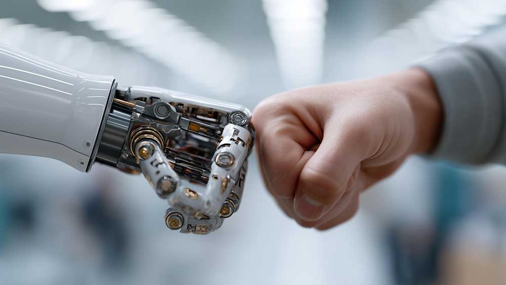 The Pitfalls to an All or Nothing Approach to AI hero shows a robot hand bumping fists with a human hand