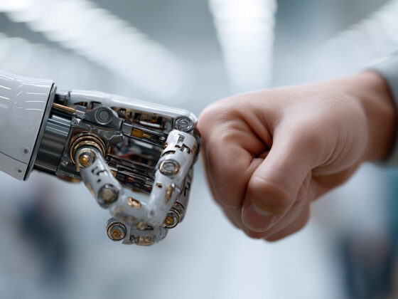 The Pitfalls of All-or-Nothing Approaches to AI hero image shows a robot hand bumping with a human hand