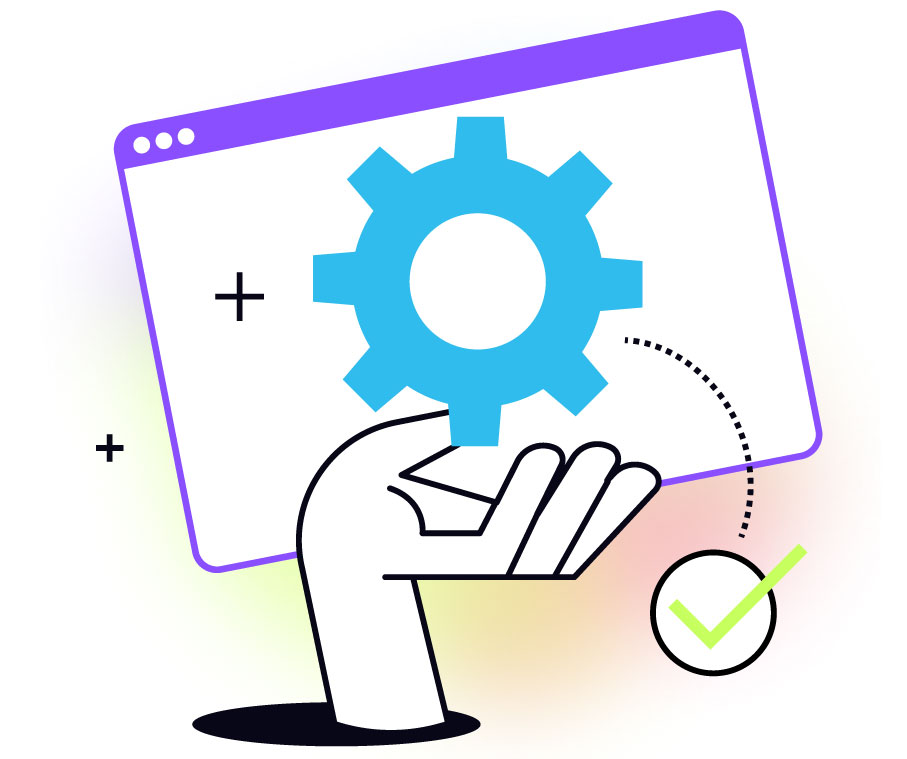 What does a marketing operations audit include hero with hand holding a gear and a green checkmark.