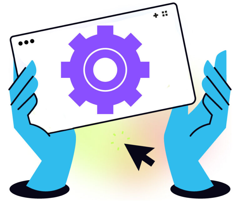What tools should marketing operations and web operations own? hero shows two hands holding up a webpage frame with a gear on the page and a mouse click.
