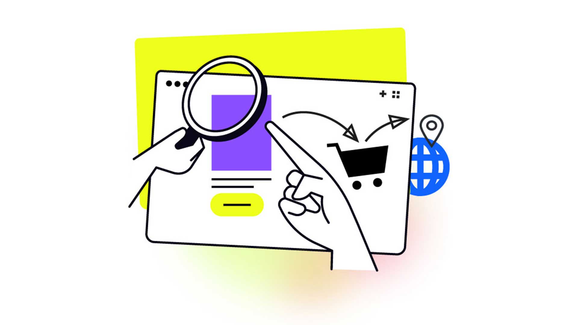 Buy Now. Buy More. Buy Again. hero shows an abstract ecommerce page with a hand holding a magnifying glass and another hand pointing to the screen.
