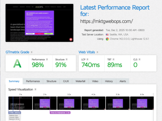 Our Strategic Approach to Building and Optimizing MKTWEBOPS.com hero shows a GTMetrix screenshot with the letter grade A