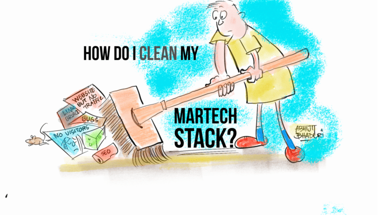 How Do I Clean Up My Martech Stack? hero shows a person pushing a broom and sweeping up common marketing apps